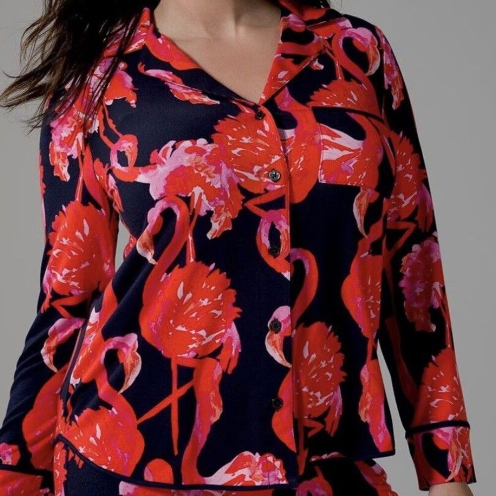 SOMA COOL NIGHTS Long Sleeve Notch Collar Top Shirt Flamingo Soirée Large NWT